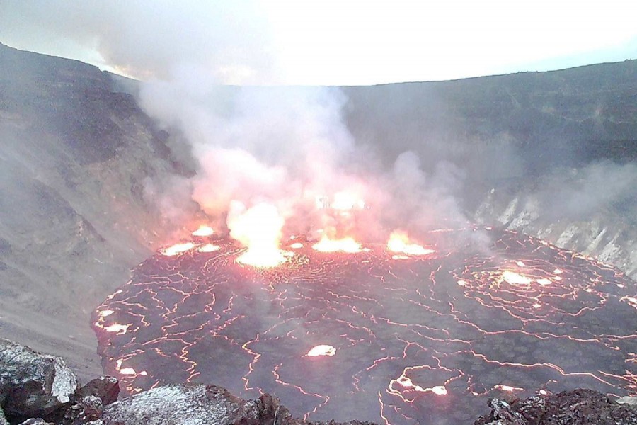 General view of lava surfacing on the Halema'uma'u crater of Kilauea volcano in Kilauea, Hawaii, US on September 29, 2021, in this still image provided by the USGS surveillance camera — USGS via REUTERS