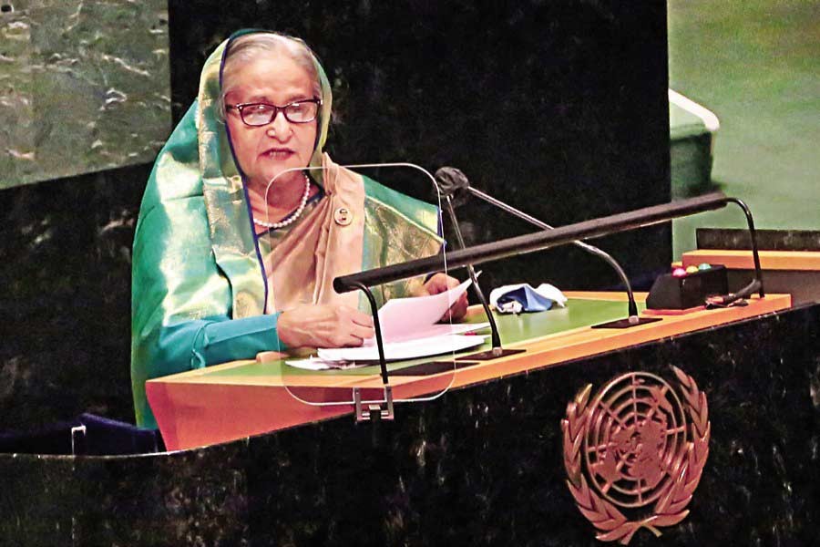 Prime Minister Sheikh Hasina speaking at the 76th UN General Assembly at the UN Headquarters in New York on September 24 this year —PID file photo