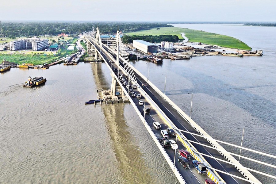 An aerial view of the Payra bridge. Prime Minister Sheikh Hasina will inaugurate today (Sunday) the four-lane bridge, constructed over the Payra River in Lebukhali area on the Patuakhali-Barishal highway — Focus Bangla