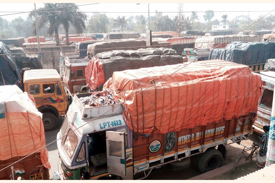 A view of the stranded trucks at Petrapole's Kalitala parking lot in India — FE Photo
