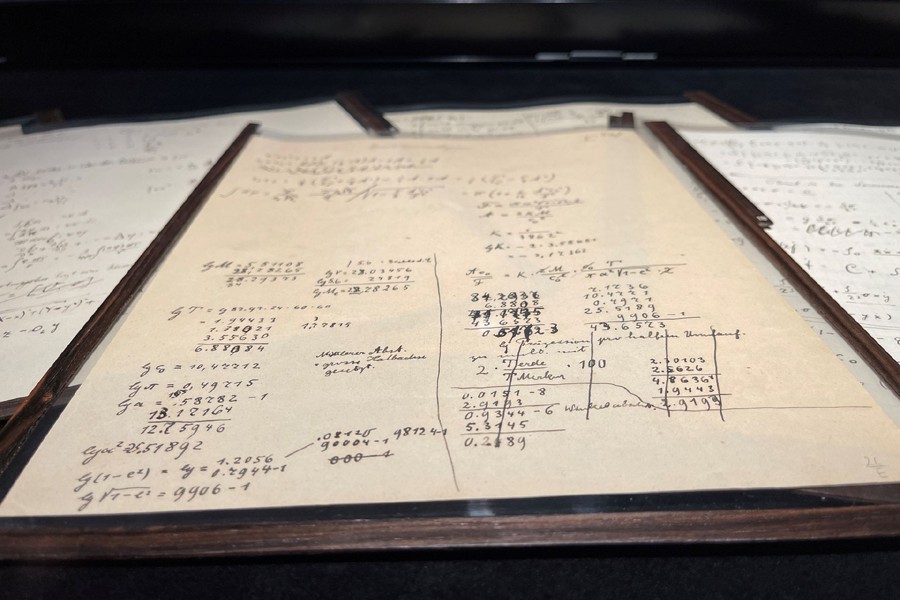 A page of the Einstein-Besso manuscript, a 54-page working manuscript written jointly by Albert Einstein and Michele Besso between June 1913 and early 1914, which documents a crucial stage in the development of the general theory of relativity, is displayed at Christie's auction house in Paris, France on November 22, 2021 — Reuters photo