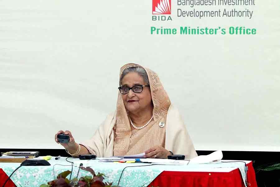 Prime Minister Sheikh Hasina inaugurating a two-day International Investment Summit-2021 at Radisson Blu Water Garden Hotel in Dhaka virtually from Ganabhaban on Sunday –PID Photo