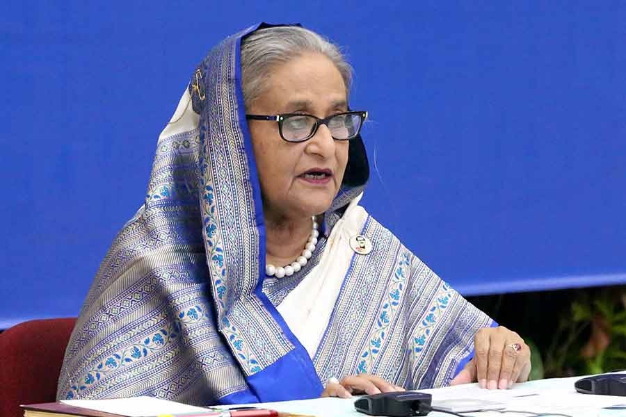Prime Minister Sheikh Hasina addressing the closing session of the World Peace Conference in Dhaka through a videoconference from Ganabhaban on Sunday -PID Photo