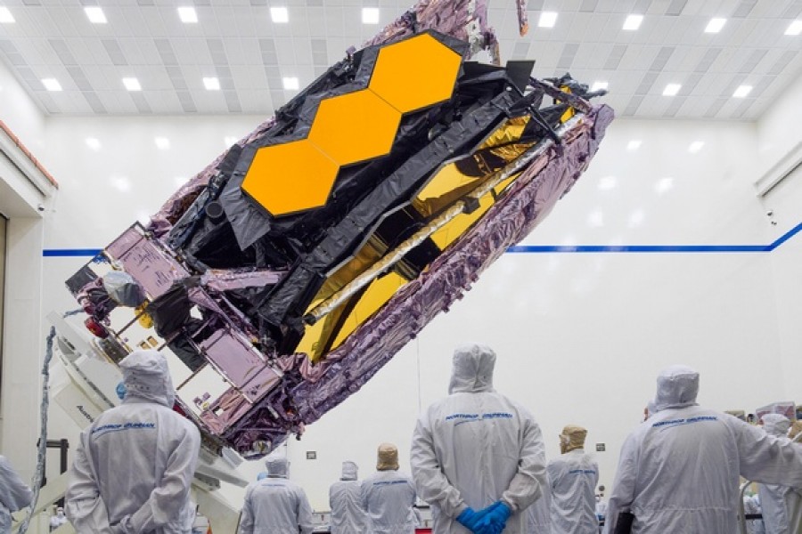 The James Webb Space Telescope is packed up for shipment to its launch site in Kourou, French Guiana in an undated photograph at Northrop Grumman's Space Park in Redondo Beach, California. NASA via Reuters