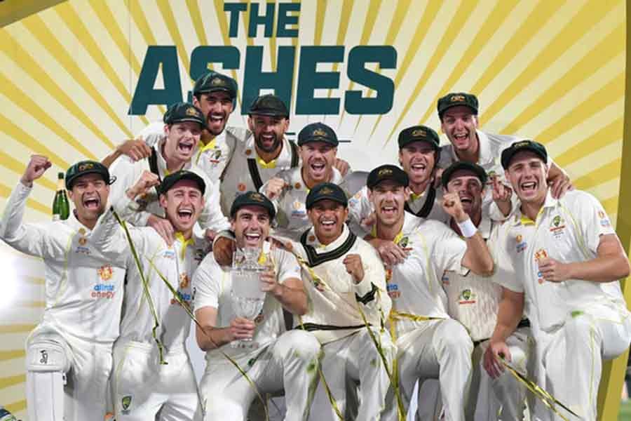 Australia celebrating winning the Ashes series with the trophy at Hobart on Sunday –Reuters photo