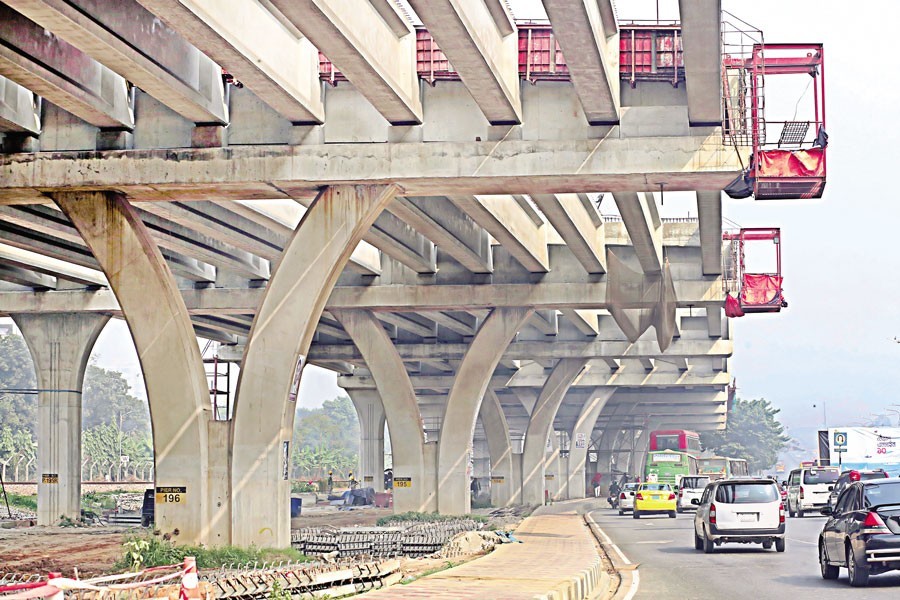 Work on the Dhaka Elevated Expressway has gained pace lately after long delays. The photo was taken from Banani on the Airport Road on Thursday — FE photo by KAZ Sumon