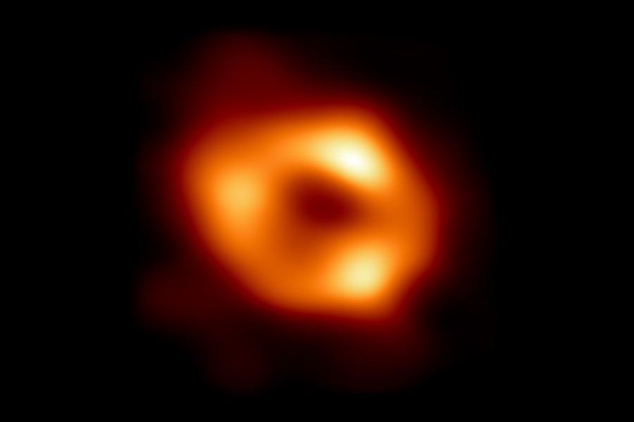 This is the first image of Sgr A*, the supermassive black hole at the centre of our galaxy. It’s the first direct visual evidence of the presence of this black hole. It was captured by the Event Horizon Telescope (EHT), an array which linked together eight existing radio observatories across the planet to form a single “Earth-sized” virtual telescope. The telescope is named after the event horizon, the boundary of the black hole beyond which no light can escape.  Credit: EHT Collaboration