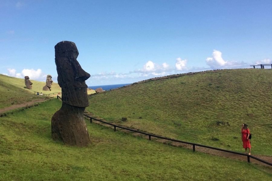 A tourist looks at a statue named "Moai" at Easter Island, Chile February 13, 2019. Picture taken February 13, 2019. REUTERS/Marion Giraldo/File Photo