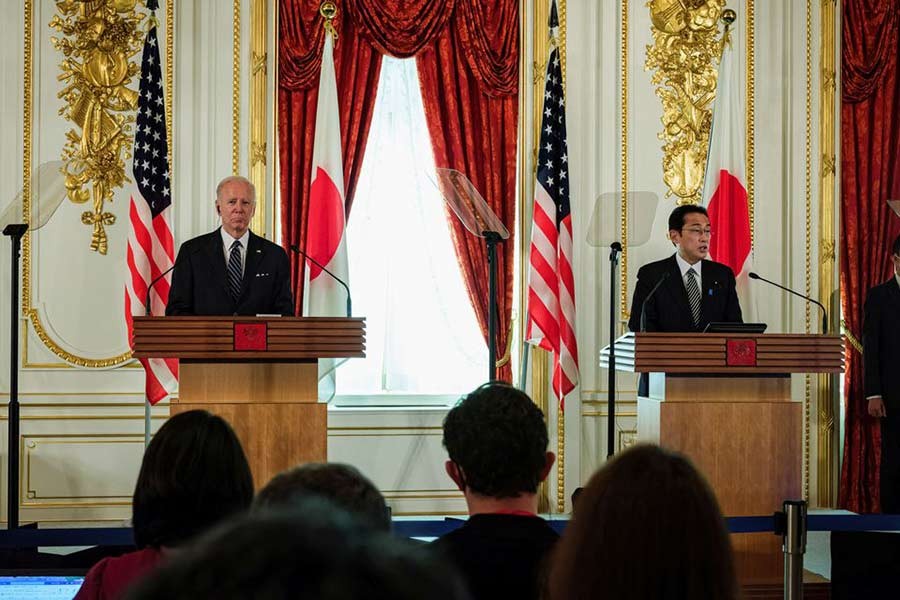 US President Joe Biden and Japan Prime Minister Fumio Kishida attending a press conference at Akasaka guest house in Tokyo of Japan on Monday –Reuters photo
