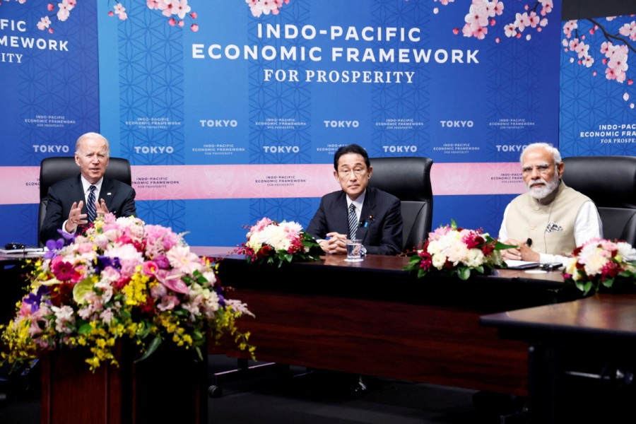 US President Joe Biden delivers remarks along with India's Prime Minister Narendra Modi and Japan's Prime Minister Fumio Kishida during the Indo-Pacific Economic Framework for Prosperity (IPEF) launch event at Izumi Garden Gallery in Tokyo, Japan, May 23, 2022. [Photo/Agencies]