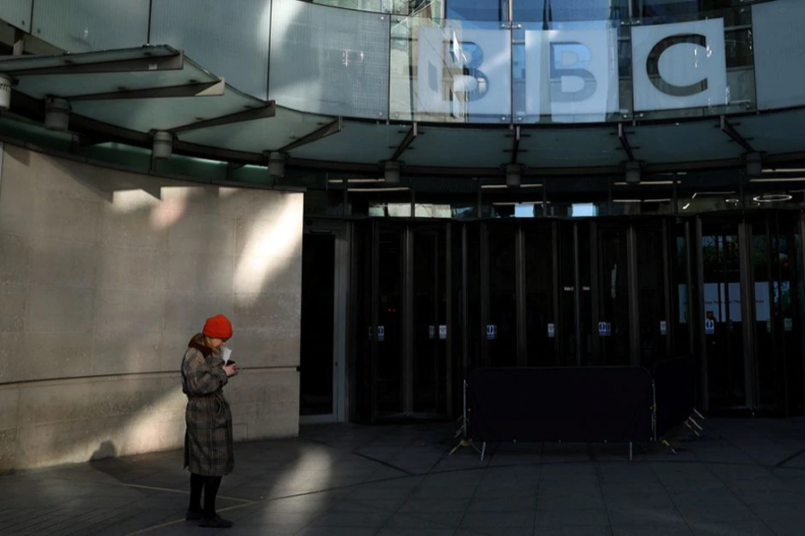 A person stands outside the BBC Broadcasting House offices and recording studios in London, Britain on January 17, 2022 — Reuters/Files