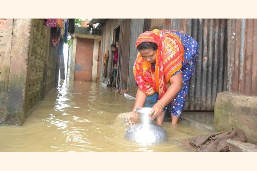 A woman collecting flood water for her household use in Sunamganj district — FE Photo