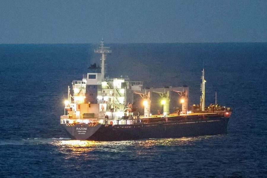 The Sierra Leone-flagged cargo ship Razoni, carrying Ukrainian grain, is seen in the Black Sea off Kilyos, near Istanbul, Turkey August 2, 2022. Reuters