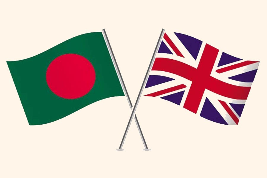 Flags of Bangladesh and United Kingdom are seen cross-pinned in this photo symbolising friendship between the two nations