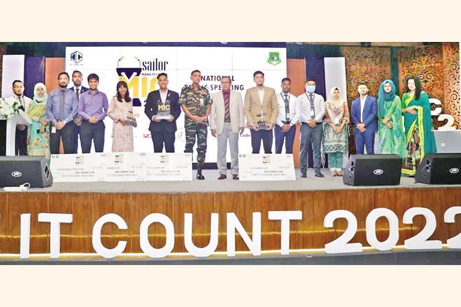 Guests, organisers and award recipients at the closing ceremony of MIC-Make It Count 2022, a public speaking contest arranged by Bangladesh University of Professionals