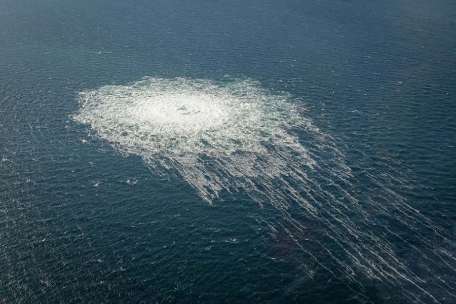 Gas bubbles from the Nord Stream 2 leak reaching surface of the Baltic Sea in the area shows disturbance of well over one kilometre diameter near Bornholm, Denmark, September 27, 2022. Danish Defence Command/Handout via REUTERS