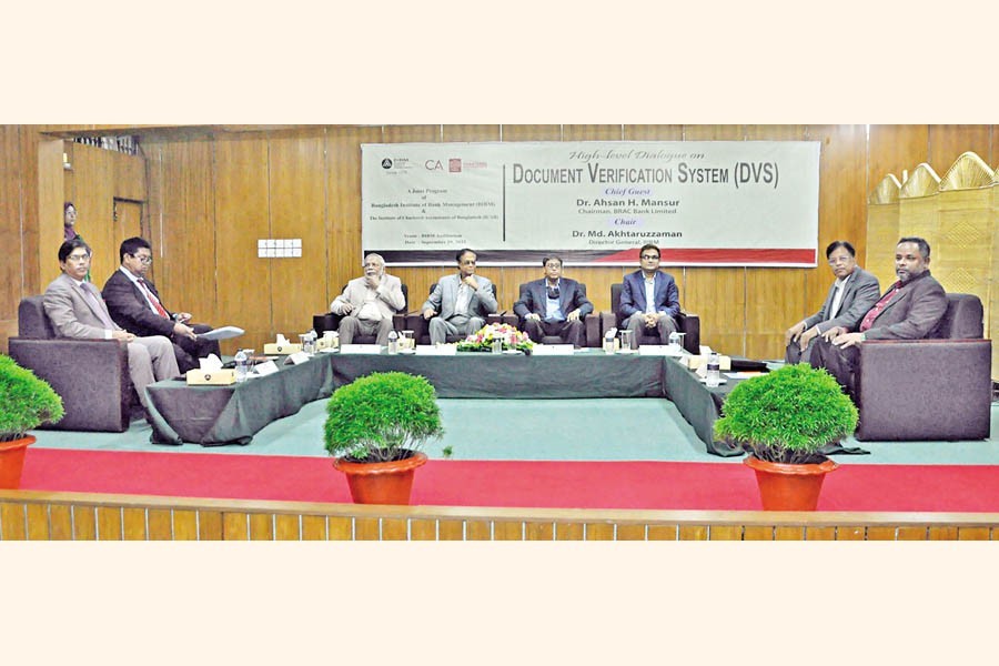 Participants at a dialogue on Document Verification System (DVS) held at the BIBM auditorium in the city on Thursday. ICAB President Md Shahadat Hossain presented the keynote paper at the event while Policy Research Institute of Bangladesh (PRI) Executive Director Dr Ahsan H Mansur was present as the chief guest.