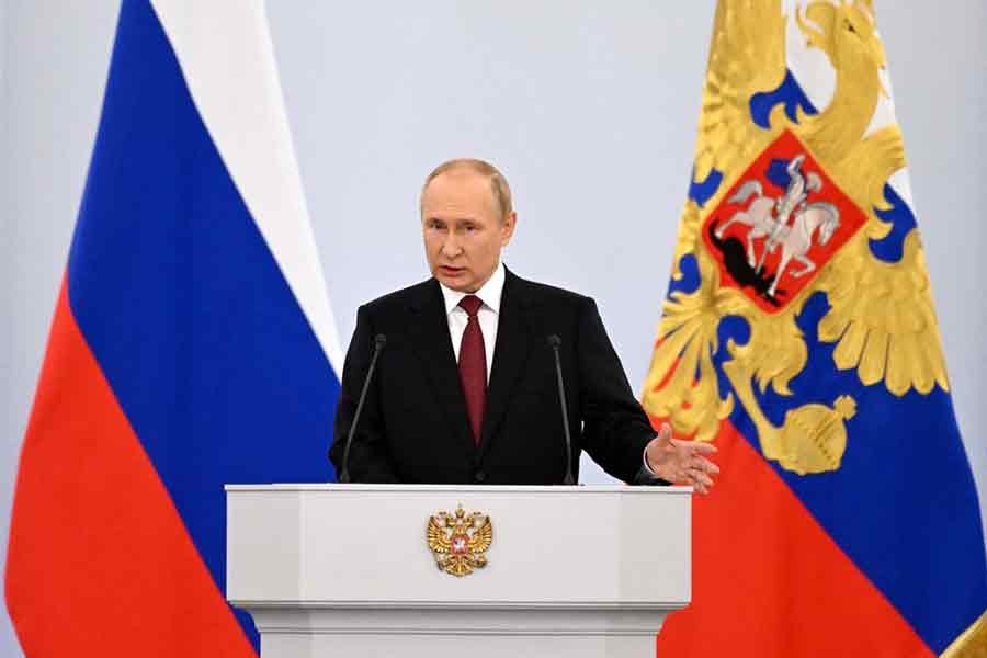 Russian President Vladimir Putin delivering a speech during a ceremony to declare the annexation of the Russian-controlled territories of Ukraine's Donetsk, Luhansk, Kherson and Zaporizhzhia regions on Friday –Reuters file photo