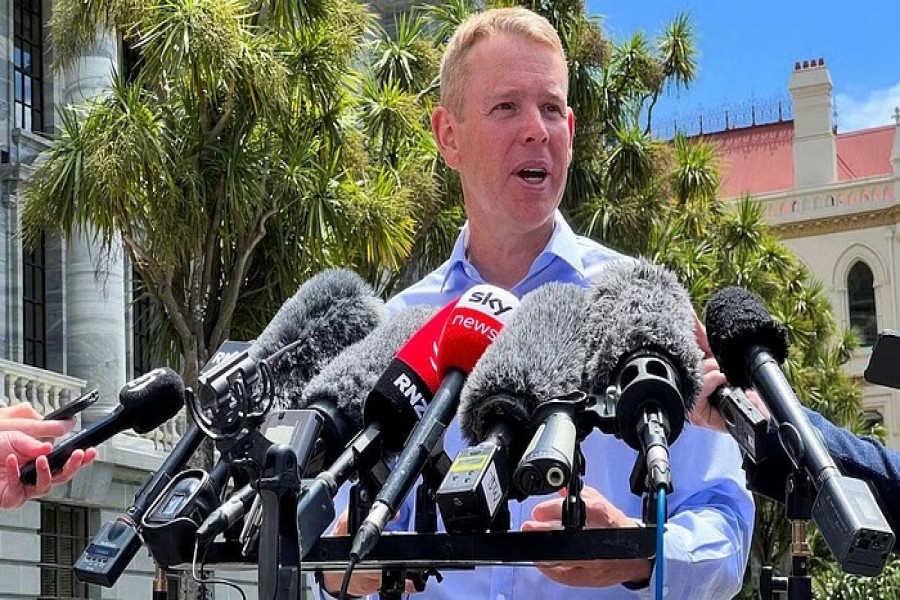 Chris Hipkins speaks to members of the media, after being confirmed as the only nomination to replace Jacinda Ardern as leader of the Labour Party, outside New Zealand's parliament in Wellington, New Zealand Jan 21 2023. REUTERS
