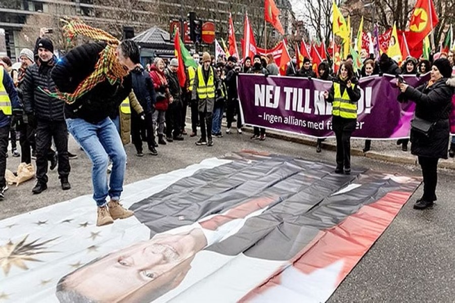 A demonstration against Turkish President Recep Tayyip Erdogan and Sweden?s NATO bid, arranged by the Kurdish Democratic Society Center at Norra Bantorget in Stockholm, Sweden, January 21, 2023. Christine Olsson/TT News Agency/via REUTERS