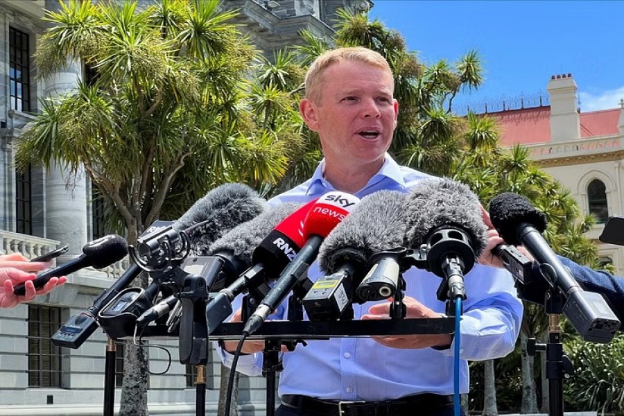Chris Hipkins speaks to members of the media, after being confirmed as the only nomination to replace Jacinda Ardern as leader of the Labour Party, outside New Zealand's parliament in Wellington, New Zealand January 21 2023. REUTERS