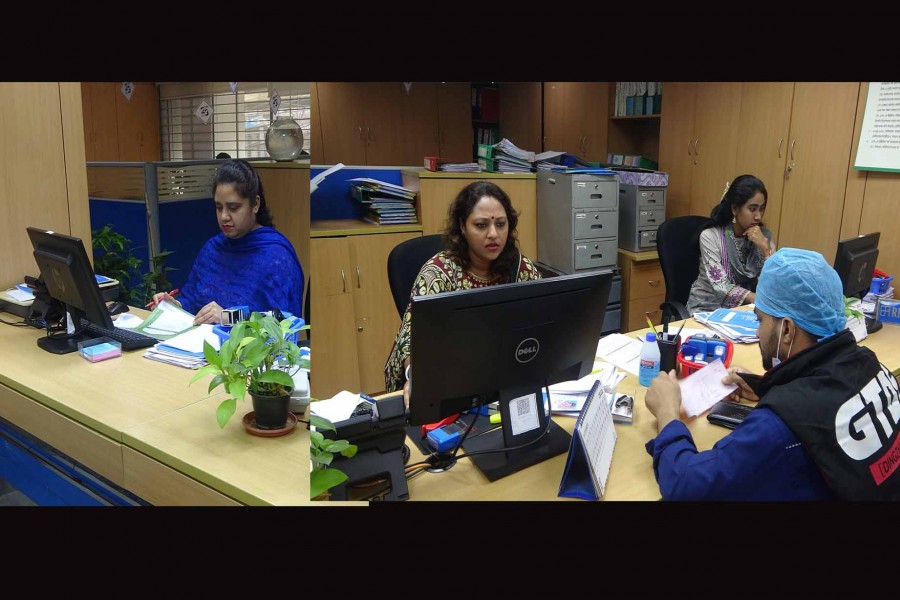 Female bankers providing services to customers at Moghbazar branch of Bank Asia in the capital                    –FE Photo