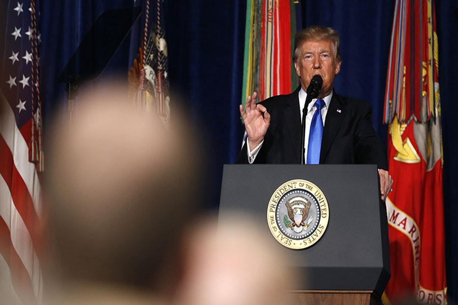 U.S. President Donald Trump announces his strategy for the war in Afghanistan during an address to the nation from Fort Myer, Virginia, US on Monday.