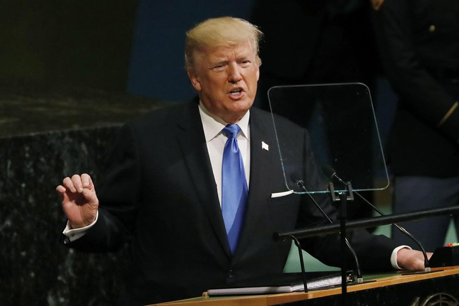 US President Donald Trump addresses the 72nd United Nations General Assembly at U.N. headquarters in New York of US on Tuesday. -Reuters Photo