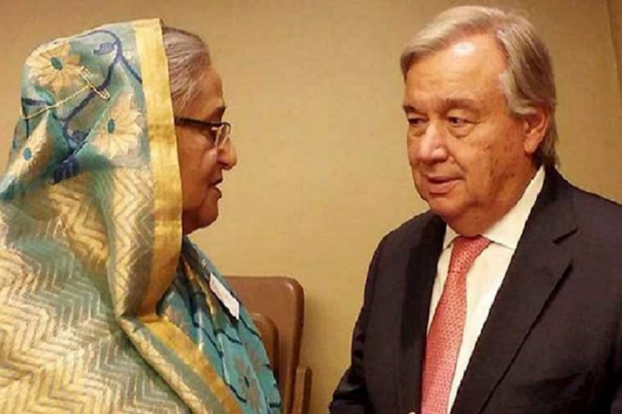 File photo shows Prime Minister Sheikh Hasina speakingto UN Secretary General Antonio Guterres at the UN headquarters in New York on Sept 20, 2017.