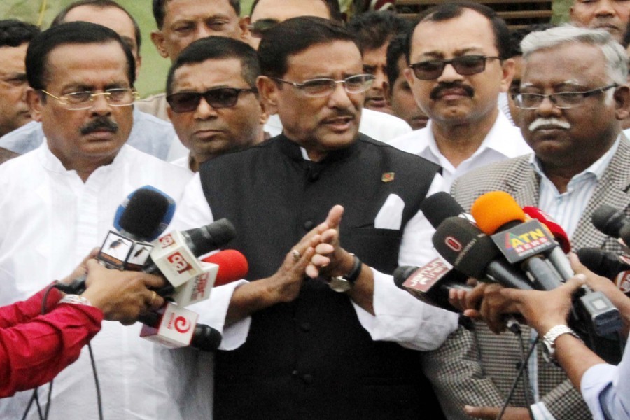 Awami League general secretary Obaidul Quader on Friday speaking to journalists while visiting the preparation work for the party's citizen gathering at Suhrawardy Udyan in the city— Focus Bangla