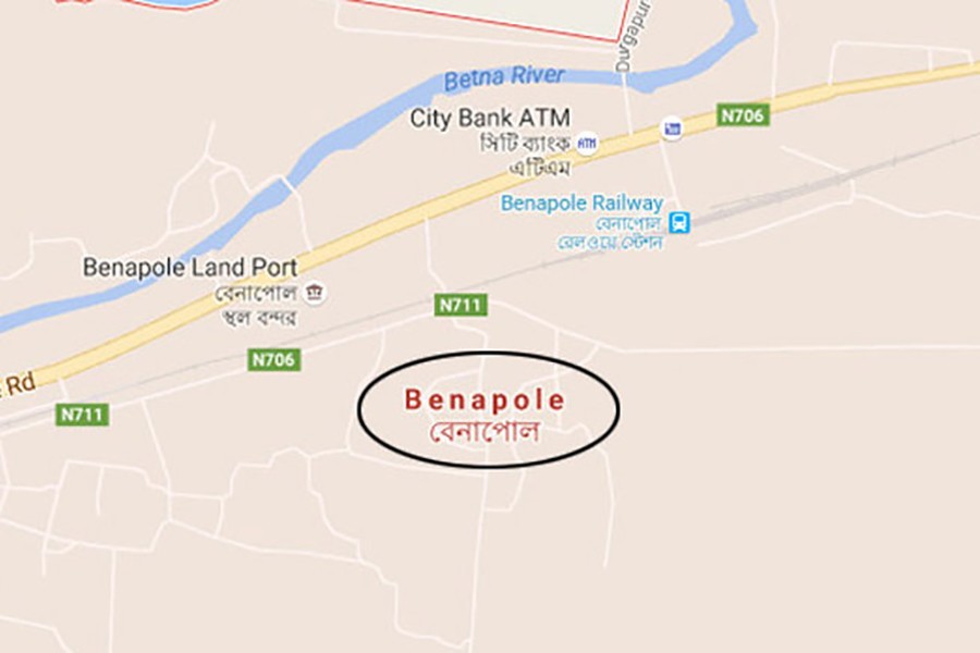 Map shows Benapole area under Sharsha Upazila of Jessore.