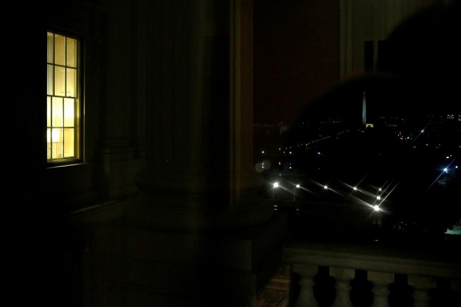 A light shines in the window of Senate Majority Leader Mitch McConnell's (R-KY) office before a vote to end a government shutdown, on Capitol Hill in Washington, US, February 9, 2018. Reuters