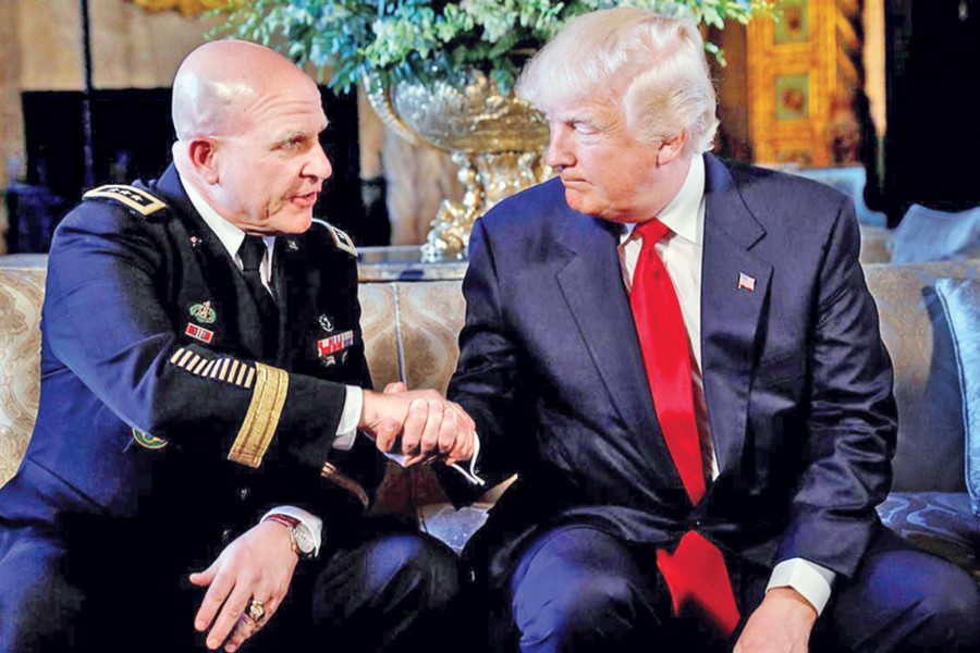 US President Donald Trump (right) shaking hands with National Security Adviser Lt Gen HR McMaster at a function recently