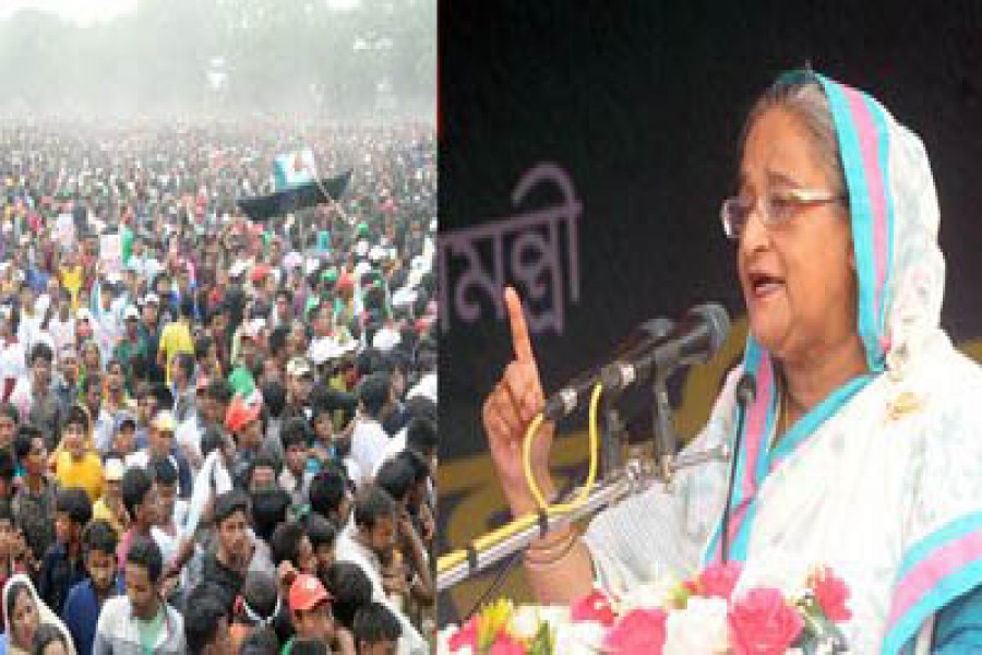 Prime Minister Sheikh Hasina addressing a rally at Thakurgaon Govt. Boys' High School ground on Thursday. Photo: PID