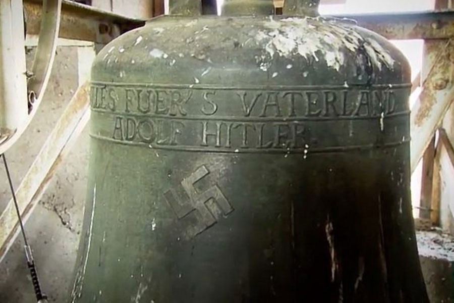 A swastika on a bell in a church in the German town of Schweringen. YouTube photo.