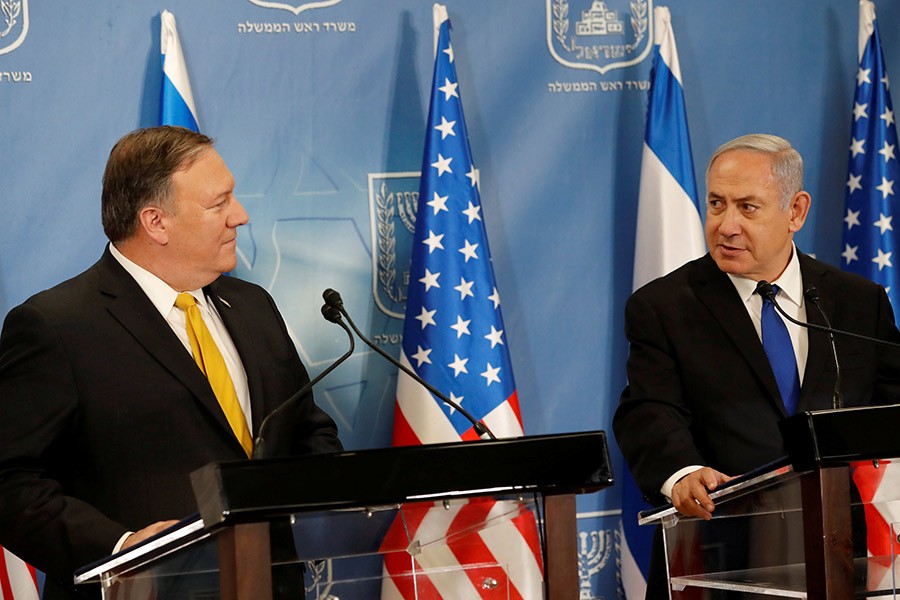 US Secretary of State Mike Pompeo (left) and Israeli Prime Minister Benjamin Netanyahu speak to reporters Sunday at the Israeli Defense Ministry in Tel Aviv - Reuters