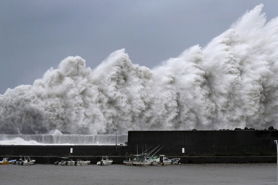 High waves triggered by Typhoon Jebi are seen at a fishing port in Aki, Kochi Prefecture, western Japan, in this photo taken by Kyodo September 4, 2018 - Mandatory credit Kyodo/via Reuters