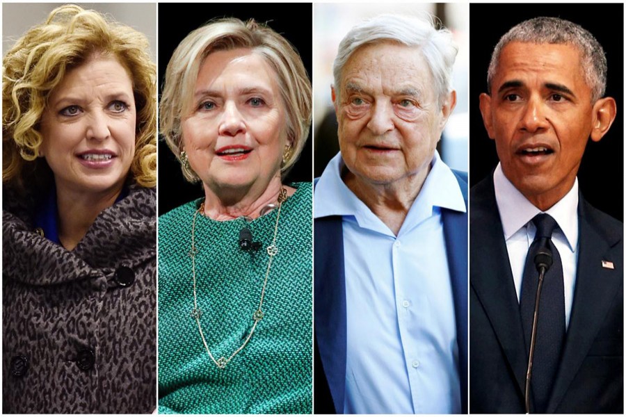 (L-R) US Representative Debbie Wasserman Schultz, former Democratic presidential candidate Hillary Clinton, Democratic Party donor George Soros and former U.S. President Barack Obama are pictured in a combination photograph made from Reuters file photos. Reuters/Files