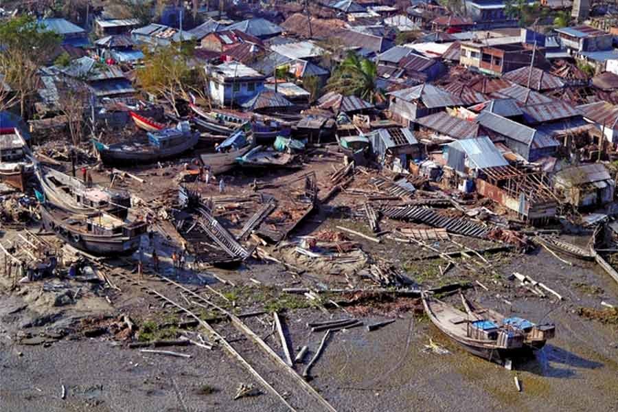Aerial  view of the destruction left behind by Cyclone Sidr in 2007.