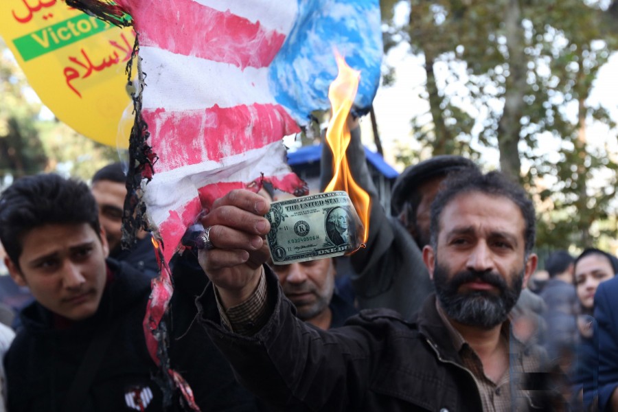 Iranians holding a rally in Tehran on Sunday to mark the 39th anniversary of the seizure of the former US embassy in Tehran   	— Internet
