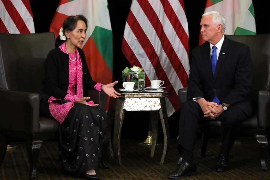 Myanmar's State Counsellor Aung San Suu Kyi and US Vice President Mike Pence hold a bilateral meeting in Singapore, November 14, 2018 - Reuters