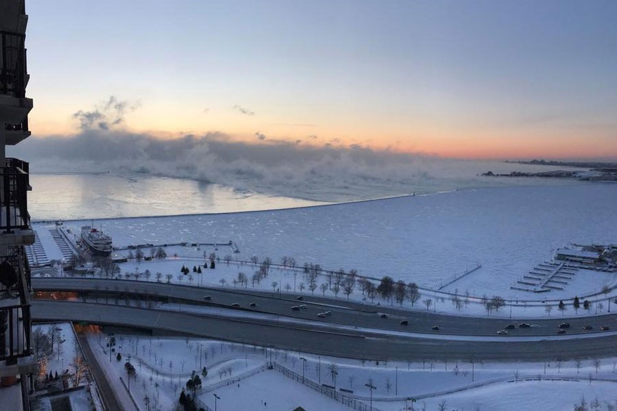 Steam is seen above Lake Michigan during subzero temperatures carried by the polar vortex in Chicago, Illinois, US, January 30, 2019, in this picture obtained from social media - Mandatory credit IRSHAAD GOEDAR/via REUTERS