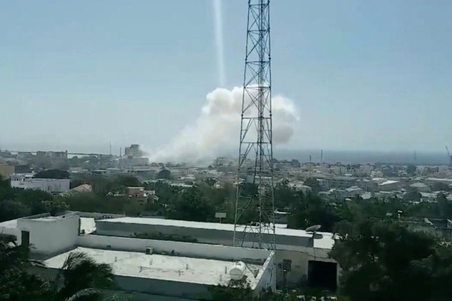 Smoke rises after an explosion in Mogadishu, Somalia February 4, 2019 in this video screen grab taken from social media - Ali Abdirahman/via REUTERS