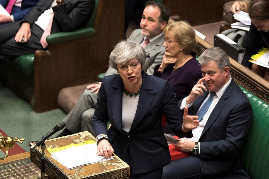 Britain's Prime Minister Theresa May speaks in Parliament, following the vote on Brexit in London, Britain, March 13, 2019, in this screen grab taken from video - Reuters TV via REUTERS