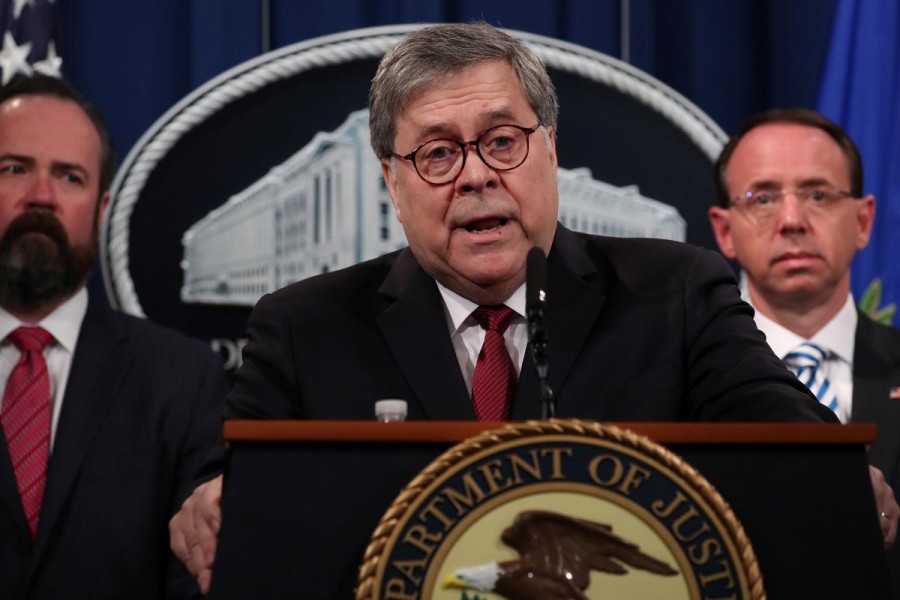 US Attorney General William Barr, flanked by Acting Principal Associate Deputy Attorney General Edward O'Callaghan and Deputy Attorney General Rod Rosenstein, speaks at a news conference to discuss Special Counsel Robert Mueller's report on Russian interference in the 2016 US presidential race, in Washington, US, April 18, 2019. Reuters