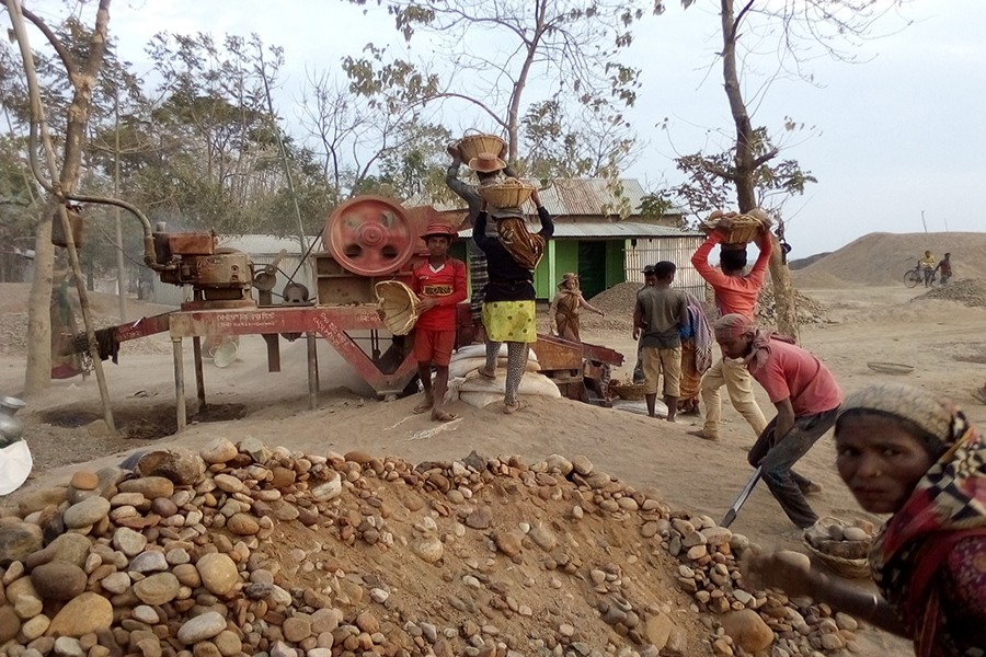 A view of a stone crusher unit set in the Saheb Bazar area of Sylhet Sadar upazila  	— FE Photo