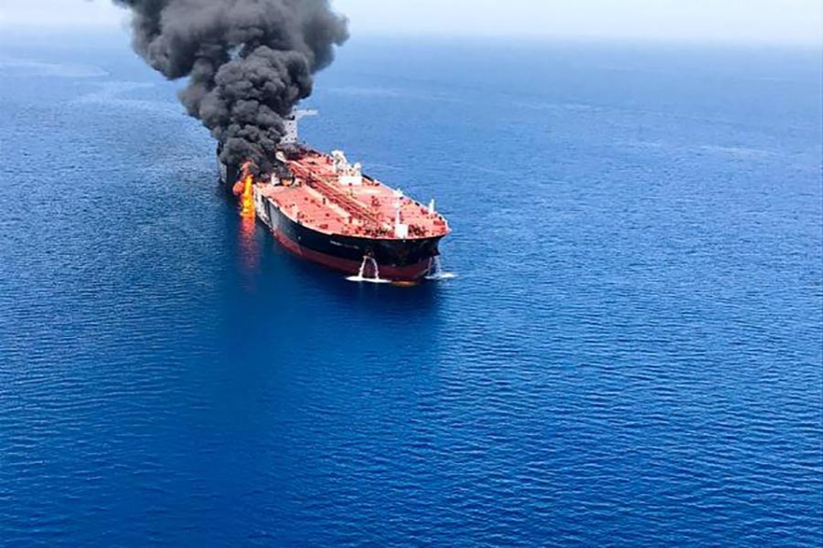 An oil tanker is seen after it was attacked at the Gulf of Oman, in waters between Gulf Arab states and Iran, on Thursday. -Reuters Photo