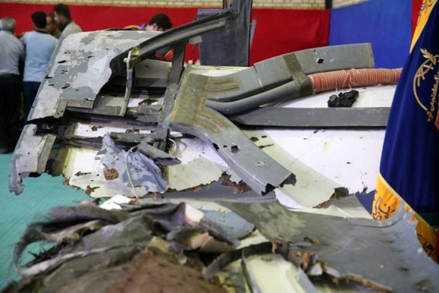 The purported wreckage of the American drone is seen displayed by the Islamic Revolution Guards Corps (IRGC) in Tehran, Iran, June 21, 2019. Tasnim News Agency/Handout via Reuters