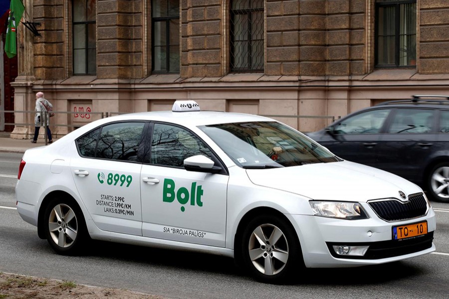 A Bolt (formerly known as Taxify) sign is seen on the taxi car in Riga, Latvia on April 9, 2019 — Reuters photo