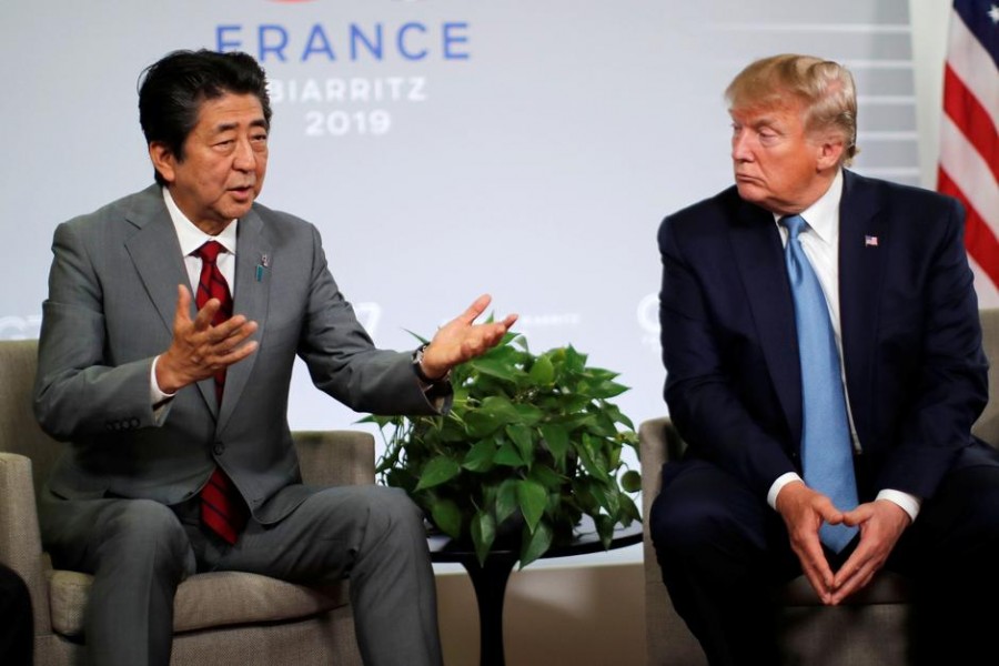 US President Donald Trump and Japan's Prime Minister Shinzo Abe hold a bilateral meeting during the G7 summit in Biarritz, France, August 25, 2019. Reuters/Files